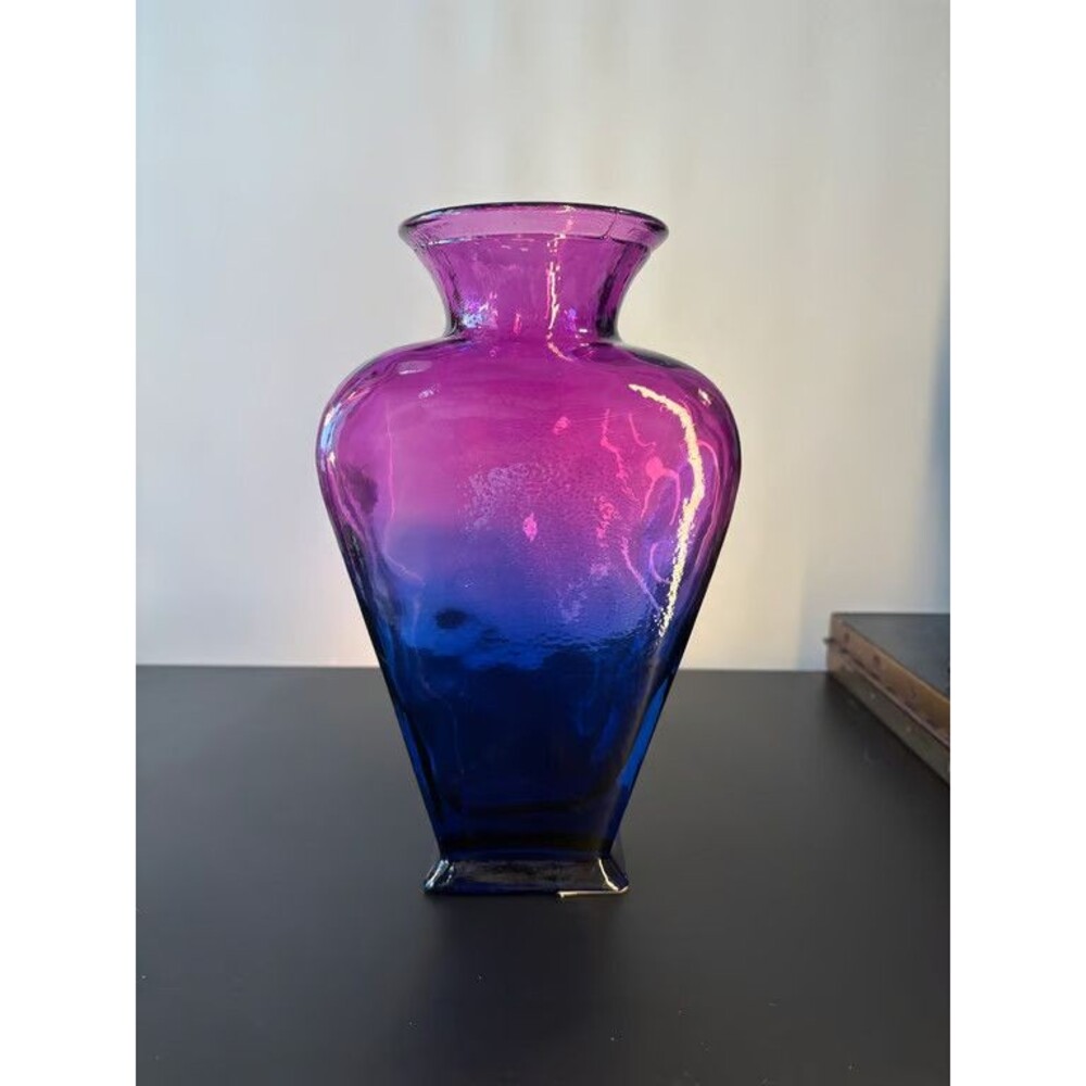 Ombre Art Glass Vase Purple Blue Hand Blown Made in Spain Amphora Form Large